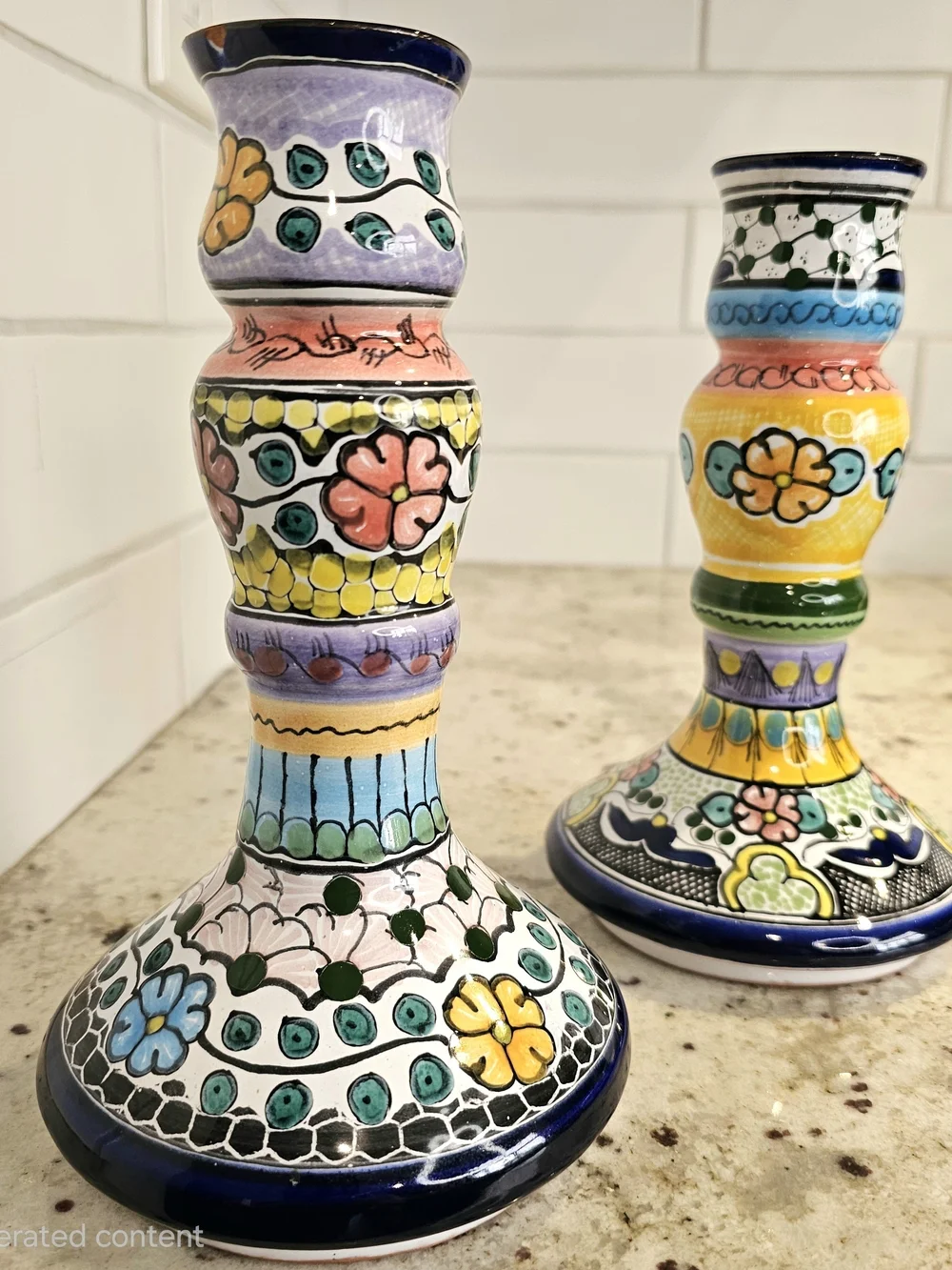 Hand-Painted Multicolor Earthenware Candle Holders Floral Talavera Pue Mex. Art